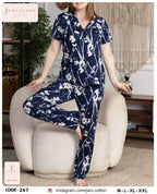 Navy Watercolor Floral Button-Front Pajama Set