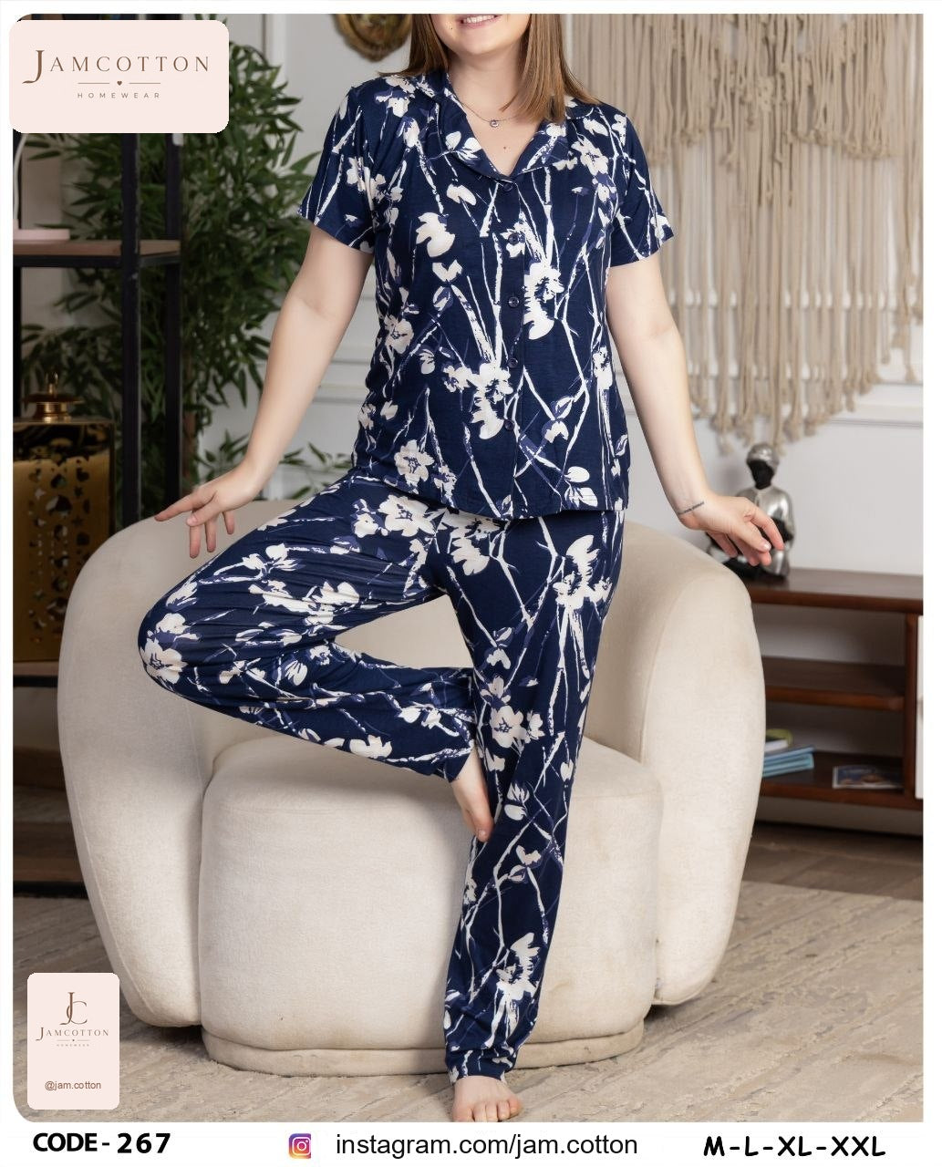 Navy Watercolor Floral Button-Front Pajama Set