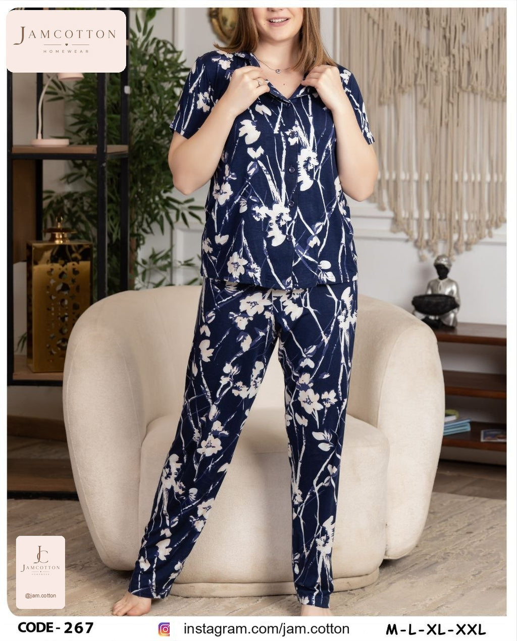 Navy Watercolor Floral Button-Front Pajama Set