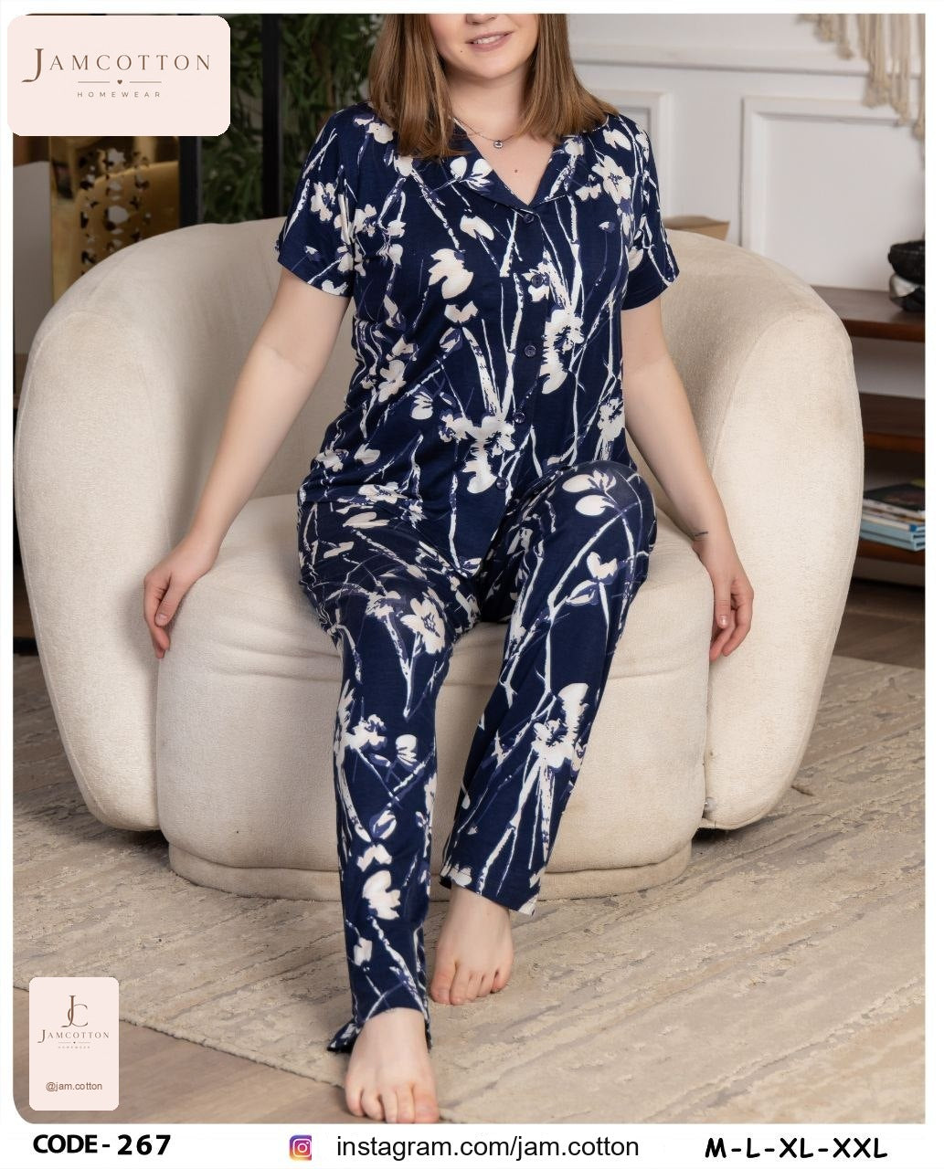 Navy Watercolor Floral Button-Front Pajama Set