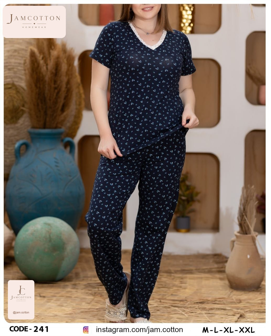 Navy Ditsy Floral Lace-Trim V-Neck Pajama Set