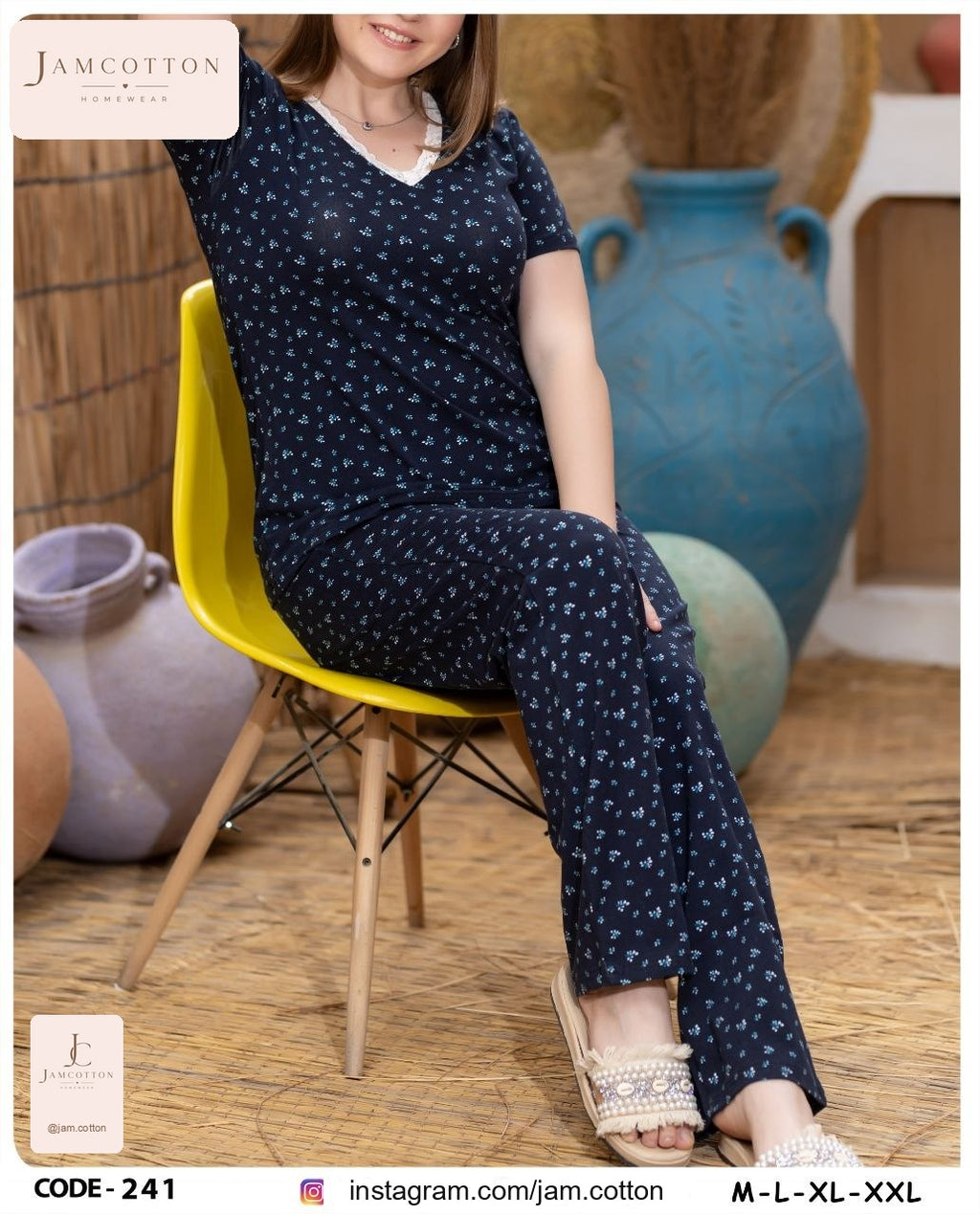 Navy Ditsy Floral Lace-Trim V-Neck Pajama Set