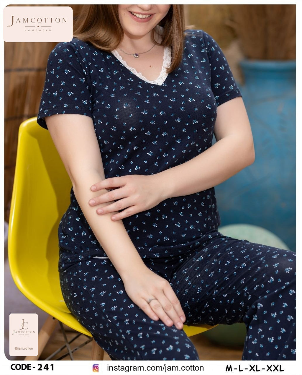 Navy Ditsy Floral Lace-Trim V-Neck Pajama Set