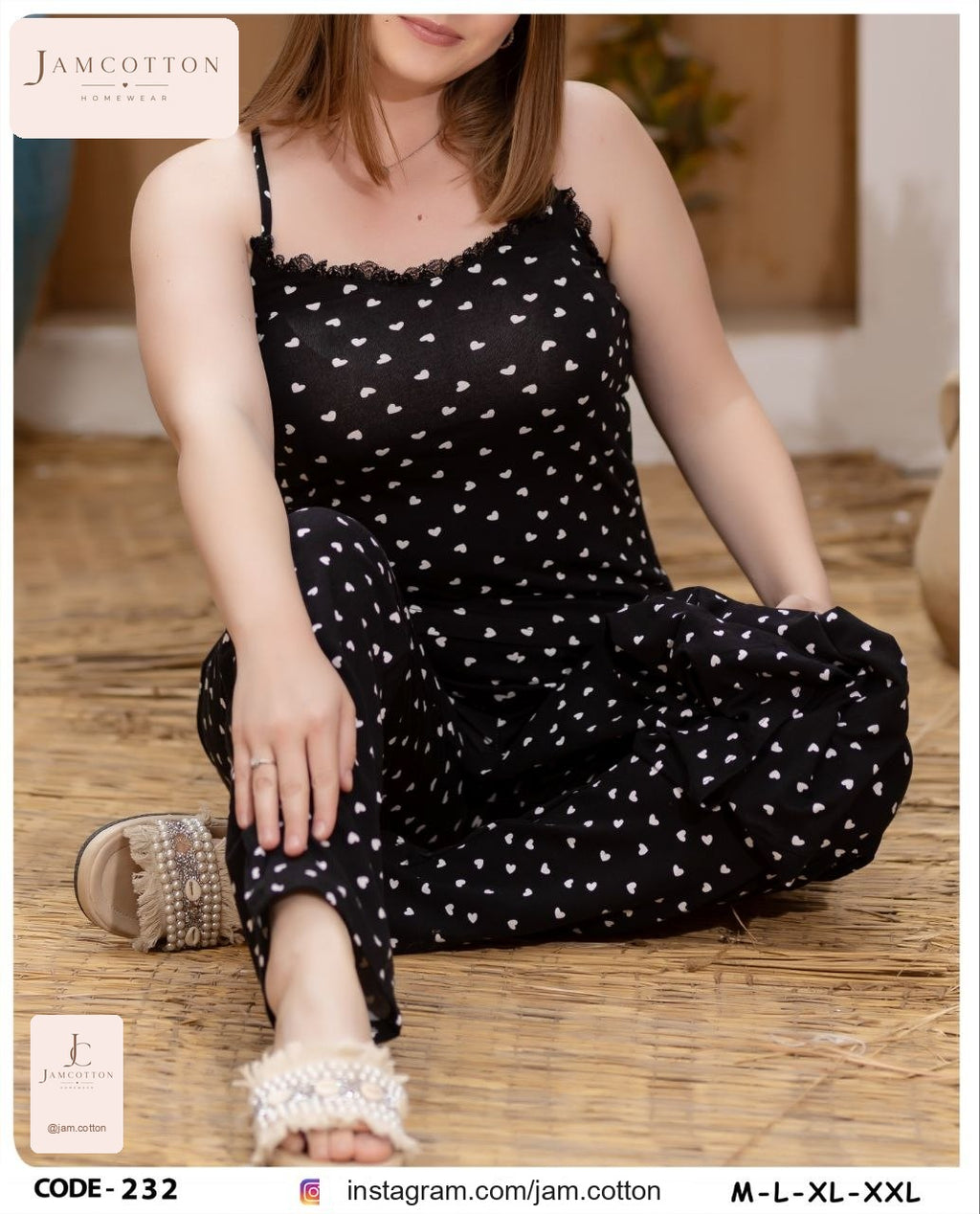 Heart Print Lace-Trim Cami Pajama Set