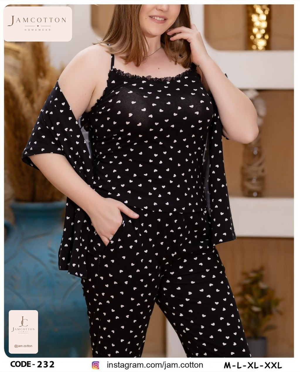 Heart Print Lace-Trim Cami Pajama Set