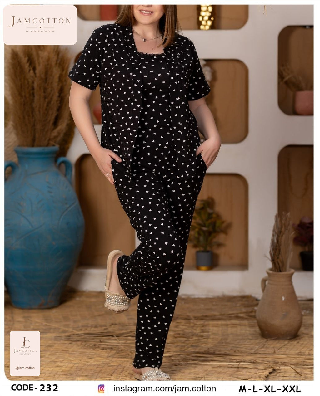 Heart Print Lace-Trim Cami Pajama Set