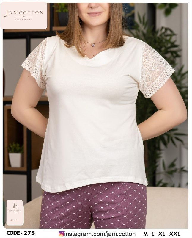 Lace-Sleeve Top and Heart Lattice Pants Pajama Set