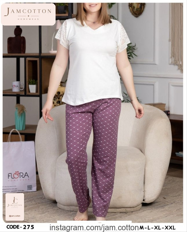 Lace-Sleeve Top and Heart Lattice Pants Pajama Set