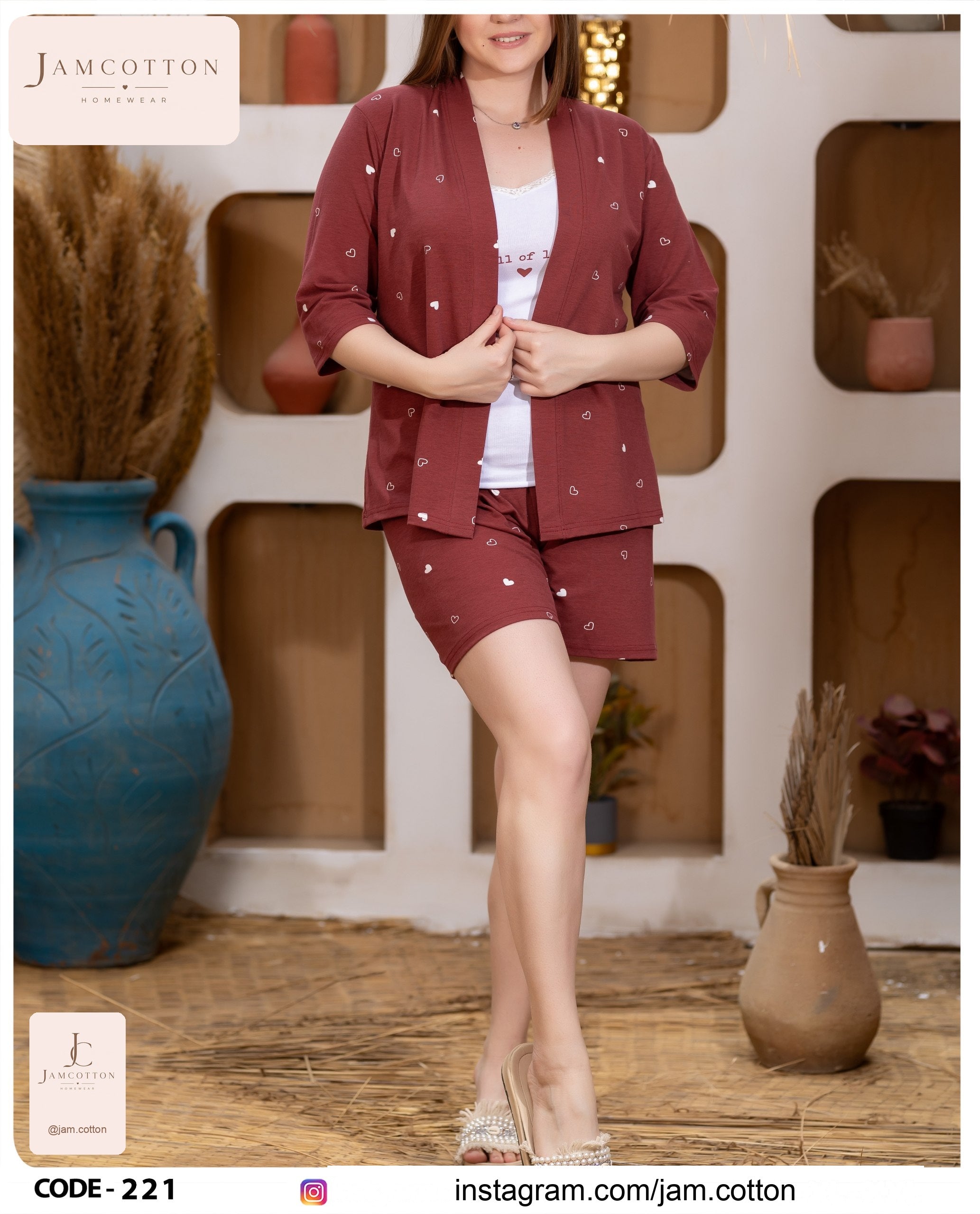Heart Print 3-Piece Cardigan Pajama Set