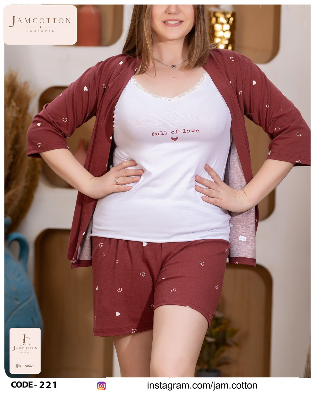 Heart Print 3-Piece Cardigan Pajama Set