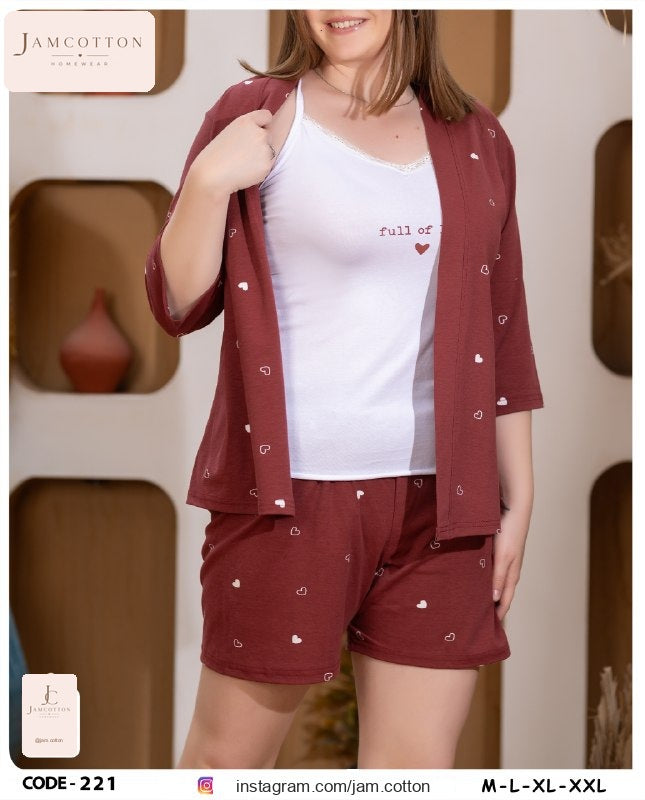 Heart Print 3-Piece Cardigan Pajama Set