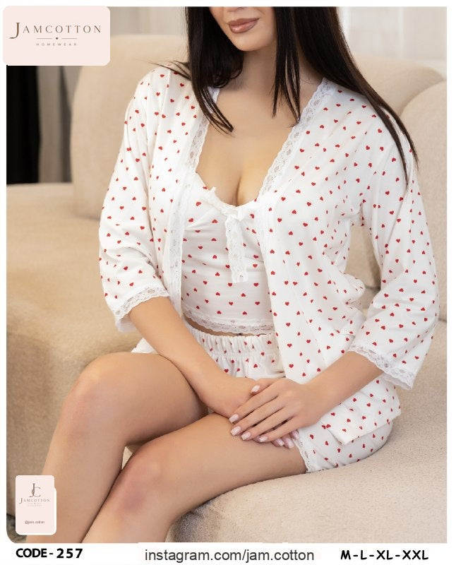 Red Heart Print 3-Piece Lace-Trim Pajama Set