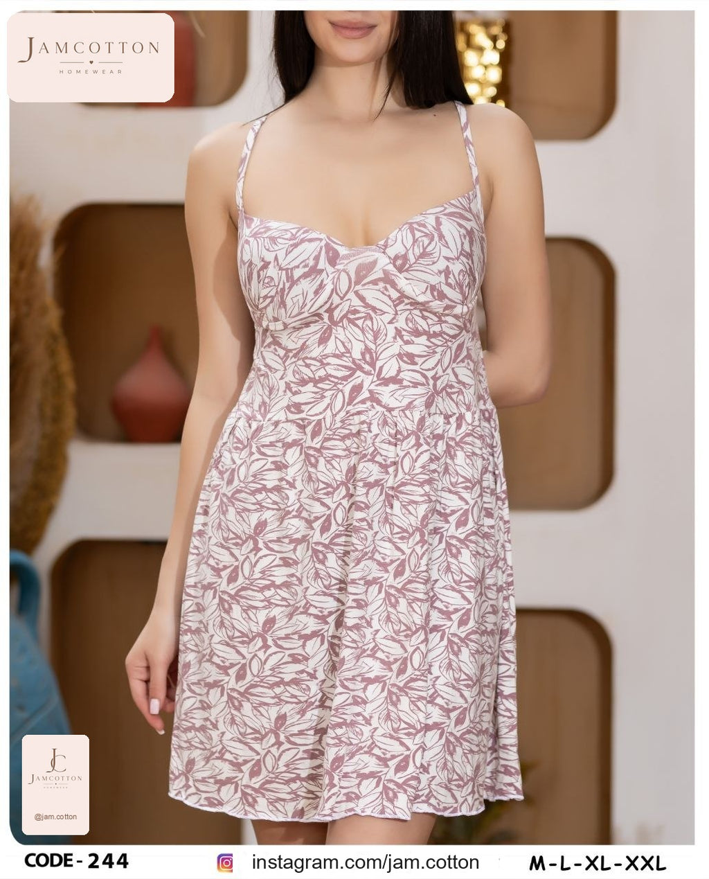 Mauve Leaf Print Cross-Back Chemise Nightdress