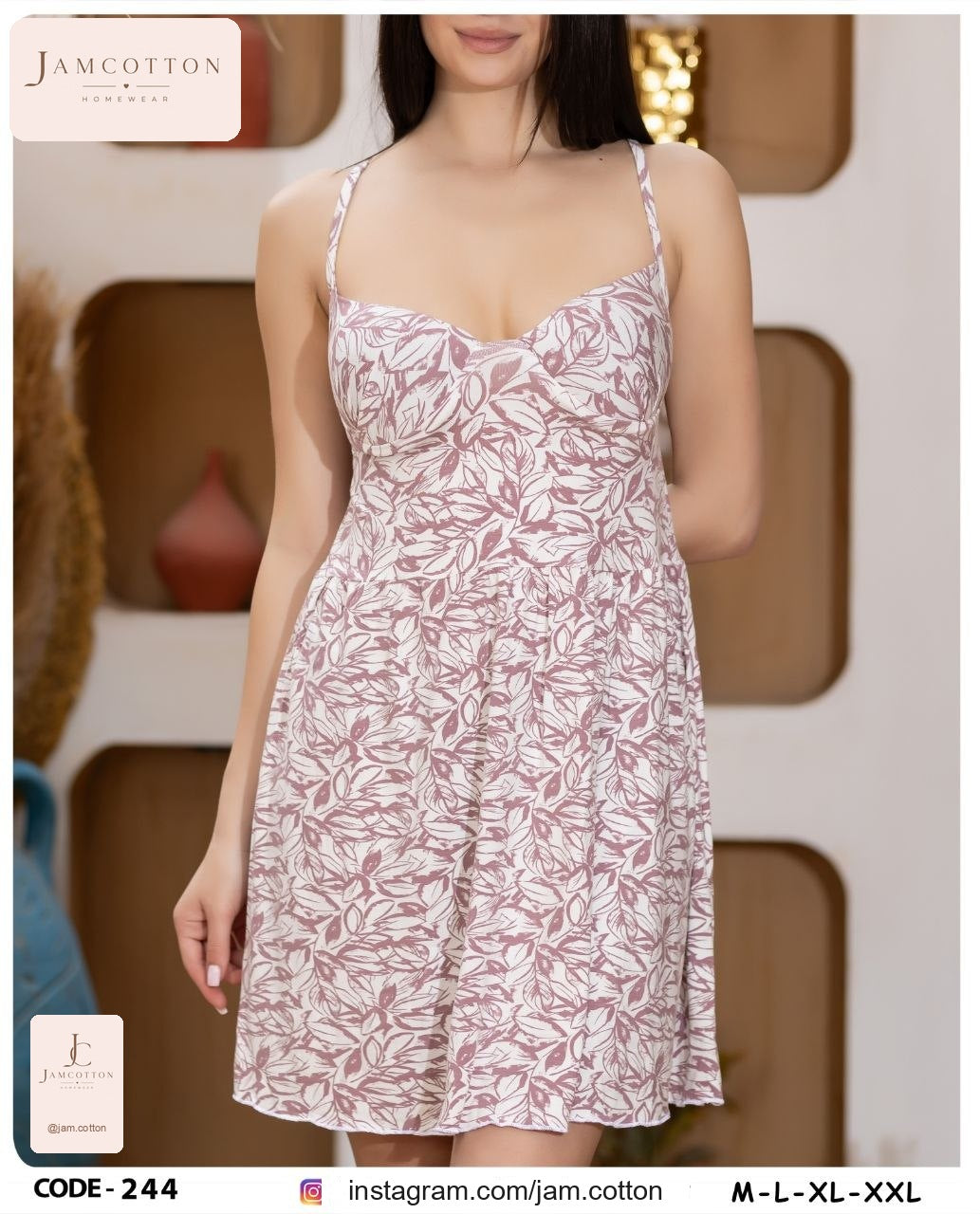 Mauve Leaf Print Cross-Back Chemise Nightdress