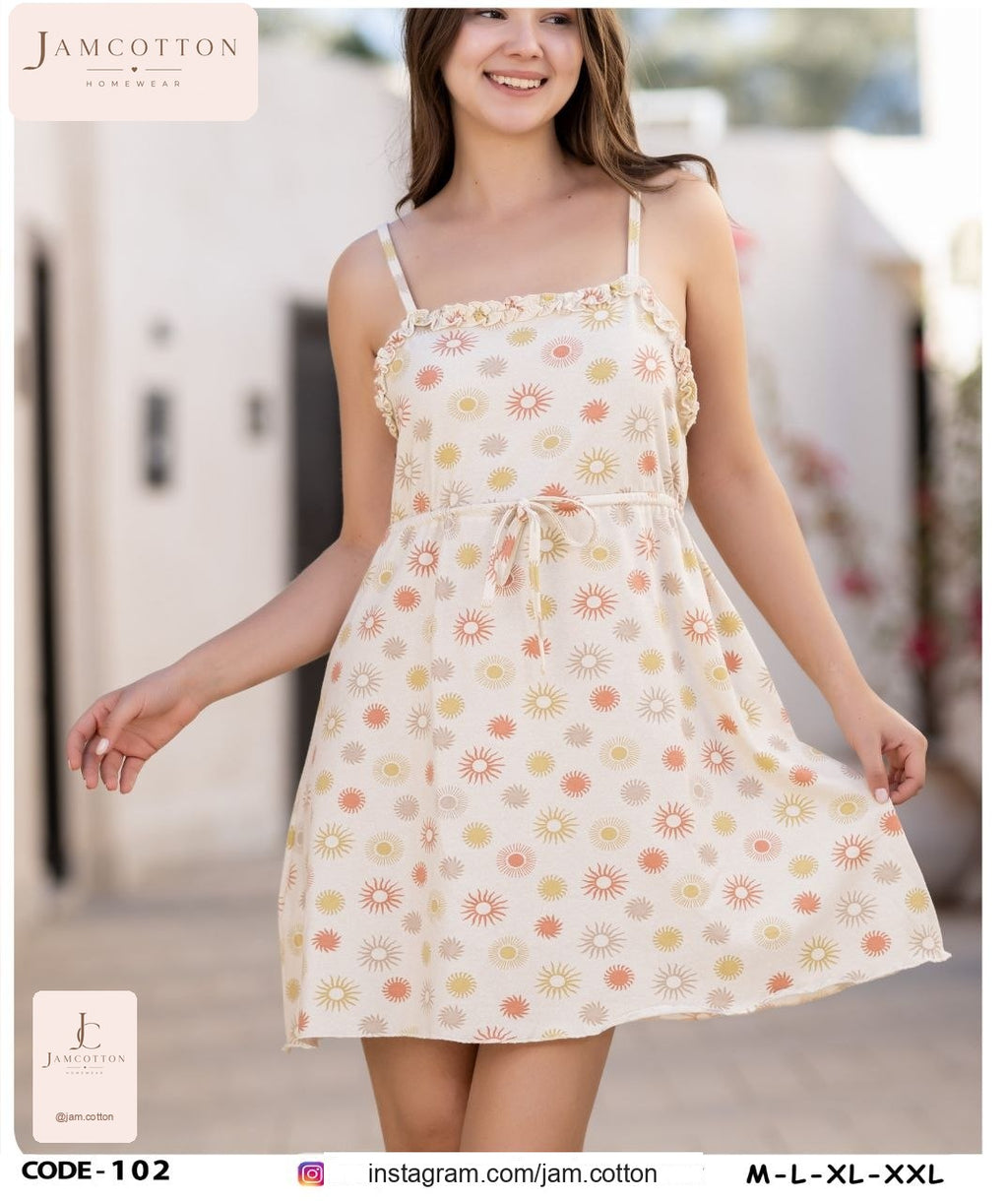 Sun Print Ruffle-Trim Tie-Waist Nightdress