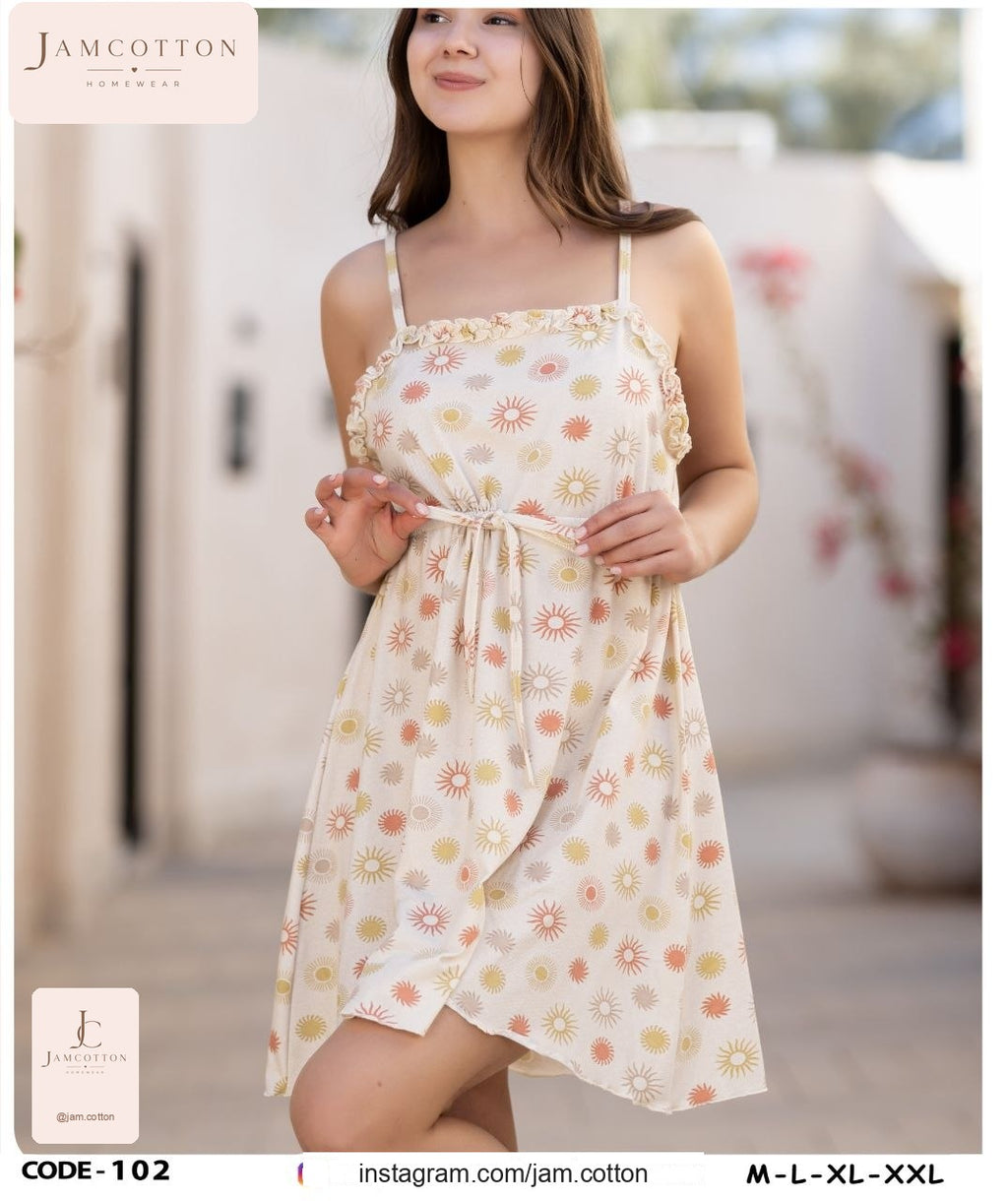 Sun Print Ruffle-Trim Tie-Waist Nightdress