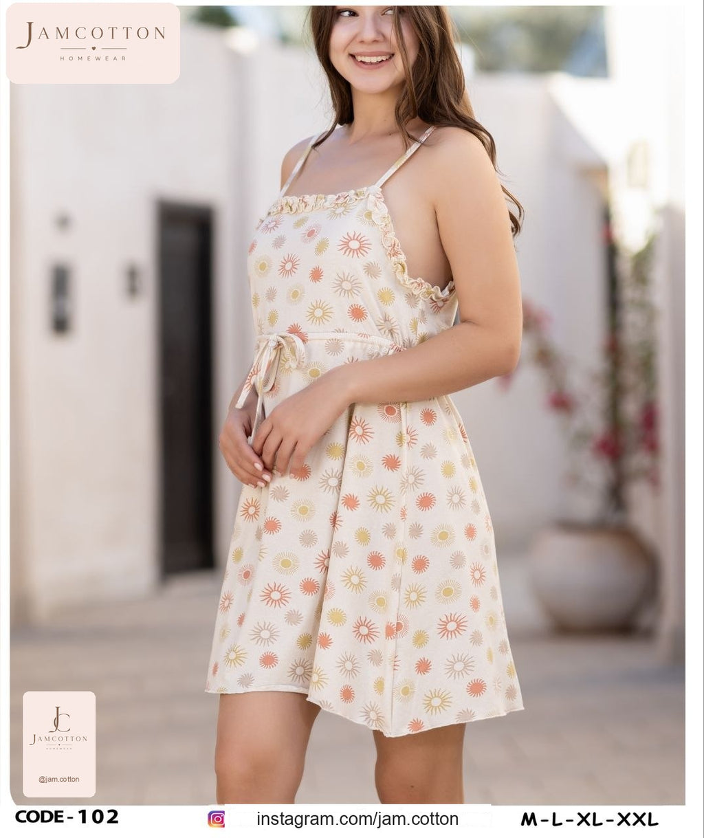 Sun Print Ruffle-Trim Tie-Waist Nightdress
