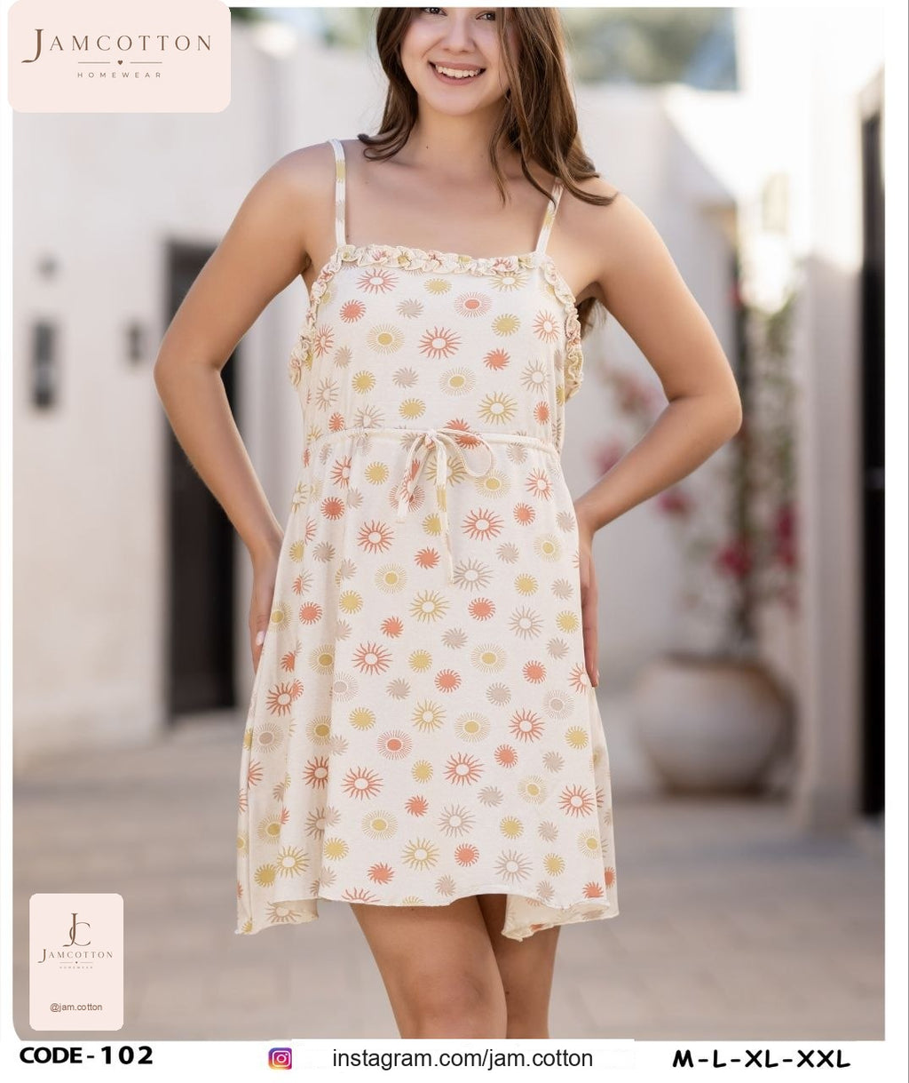 Sun Print Ruffle-Trim Tie-Waist Nightdress