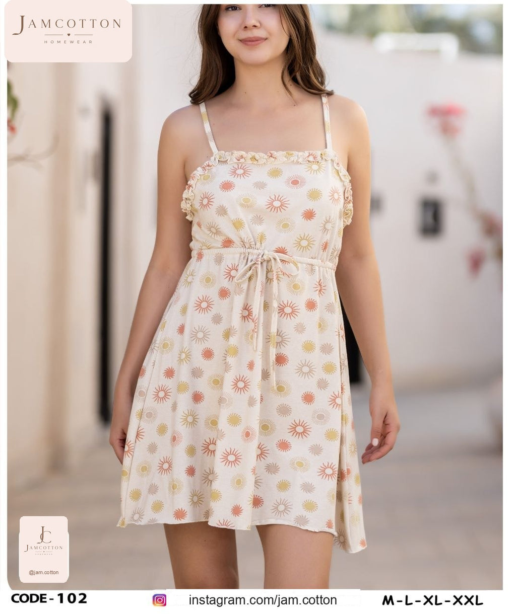 Sun Print Ruffle-Trim Tie-Waist Nightdress