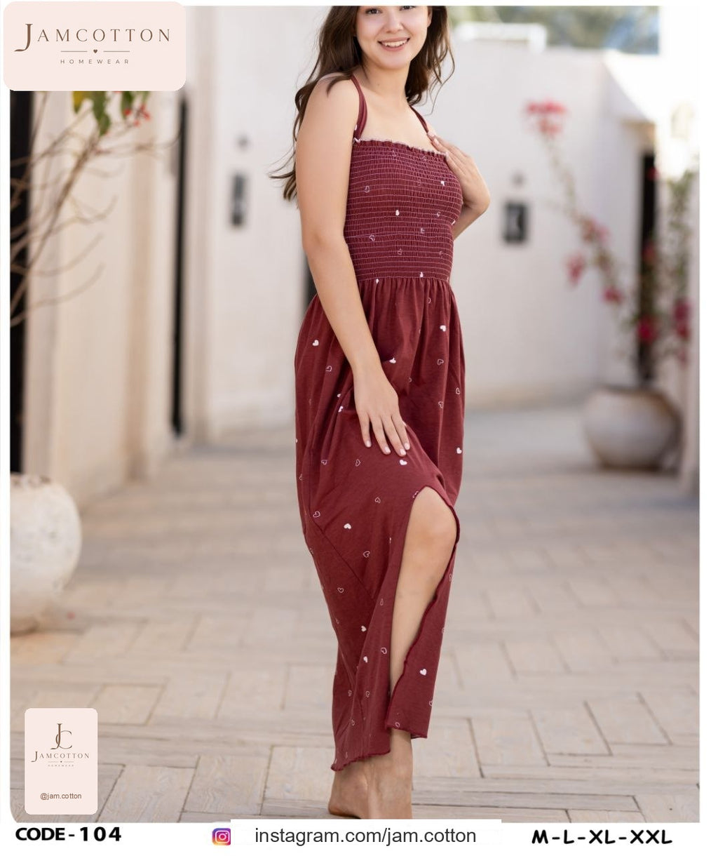 Heart Print Smocked-Bodice Maxi Nightdress