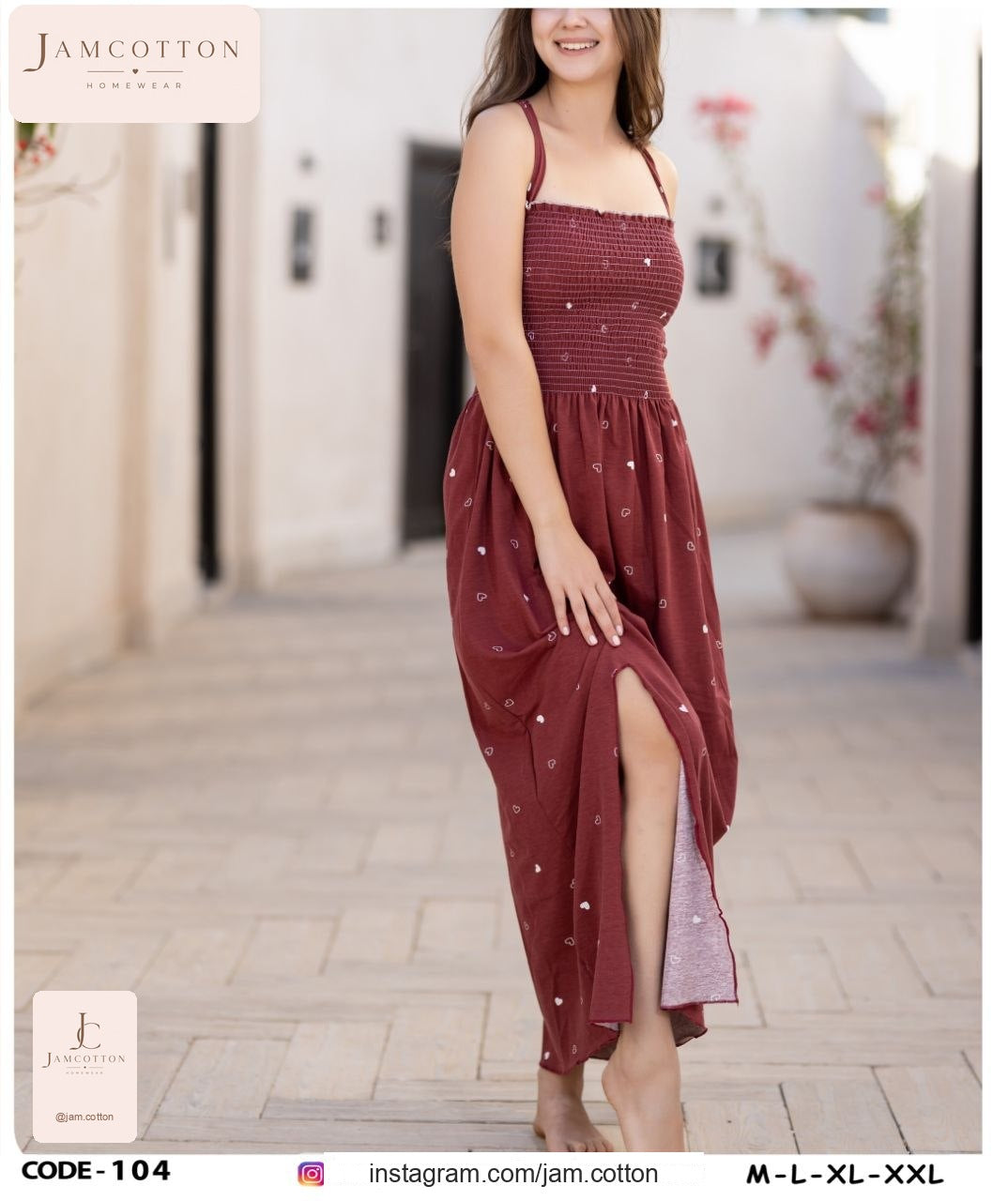 Heart Print Smocked-Bodice Maxi Nightdress