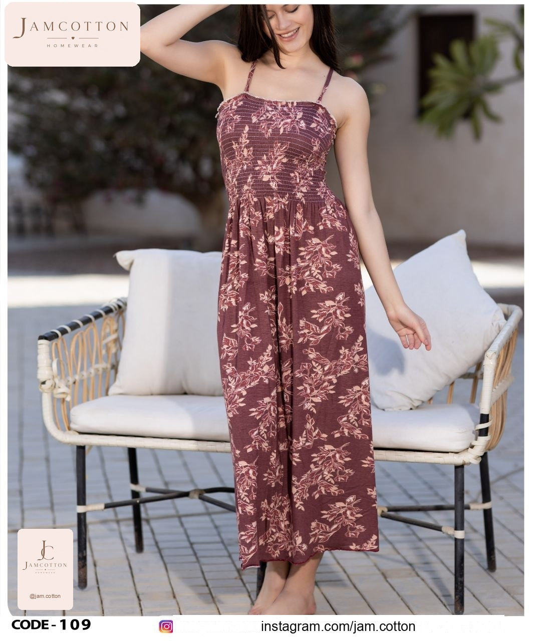 Floral Smocked-Bodice Maxi Nightdress