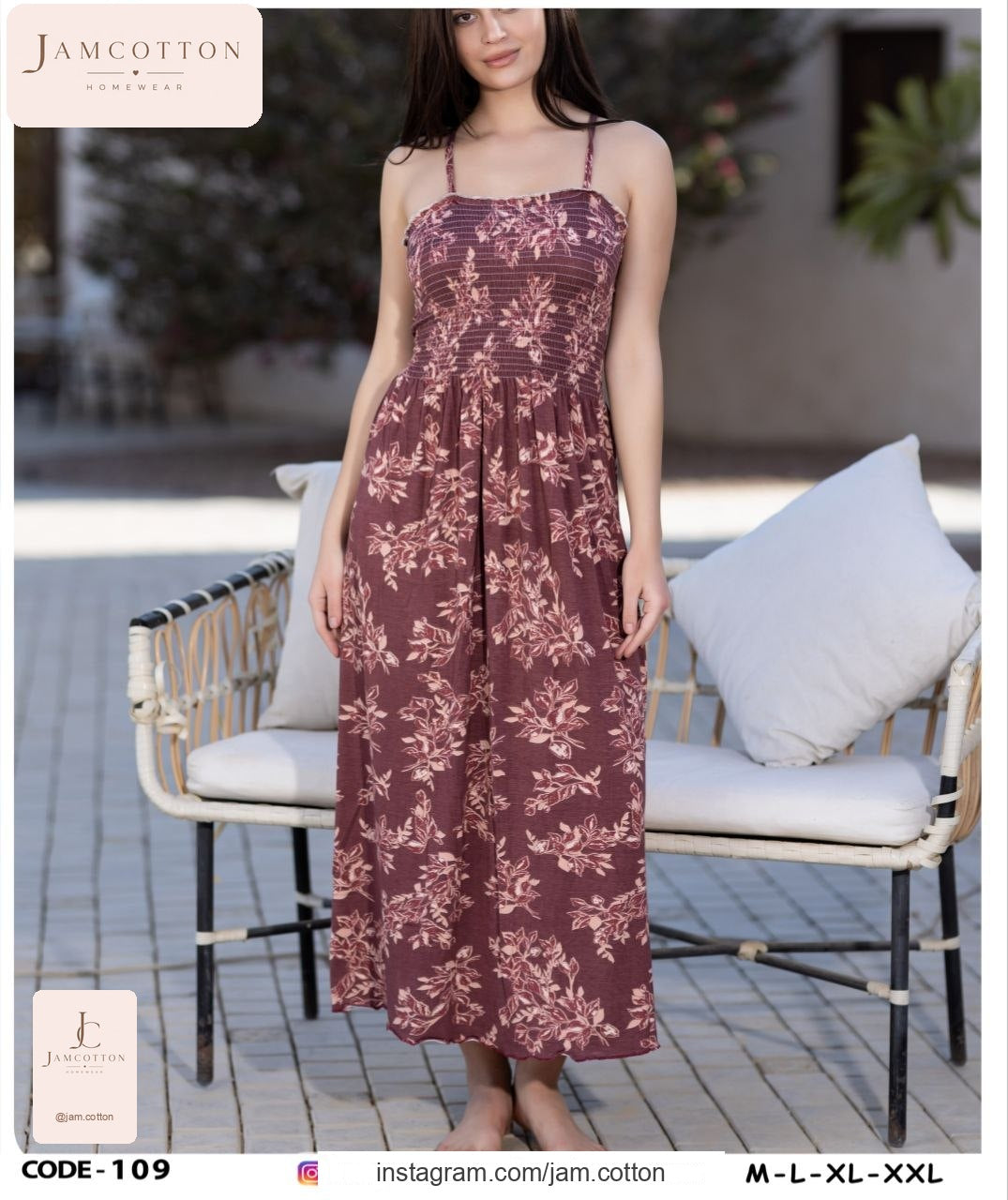 Floral Smocked-Bodice Maxi Nightdress