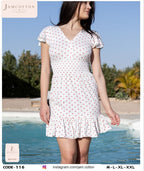 Heart Print Flutter-Sleeve Ruffle-Hem Nightdress