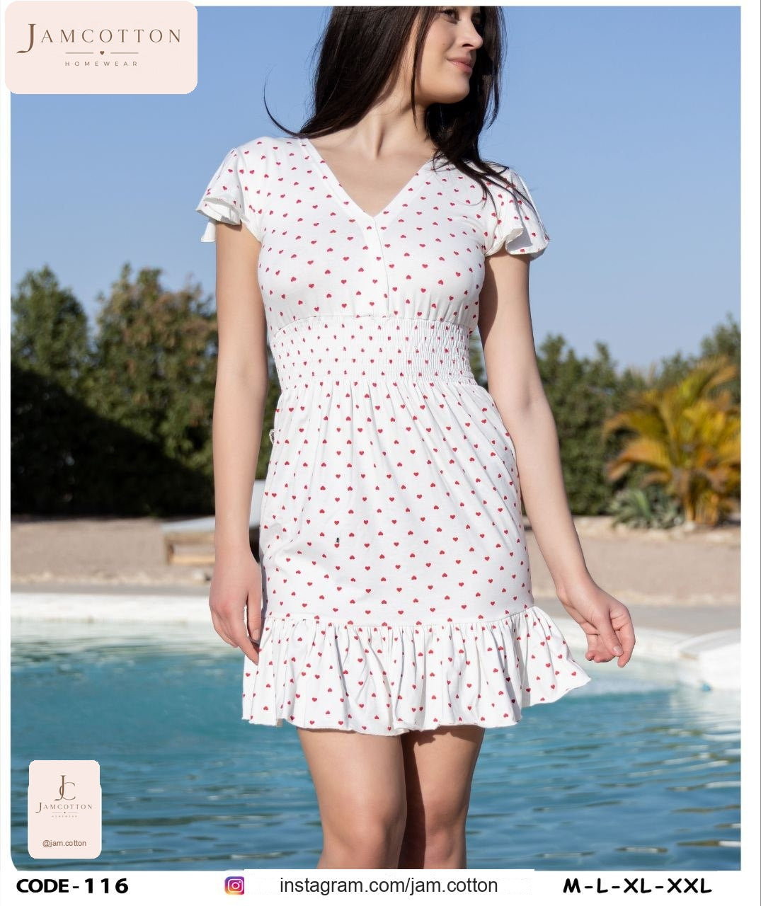 Heart Print Flutter-Sleeve Ruffle-Hem Nightdress