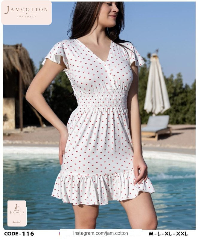 Heart Print Flutter-Sleeve Ruffle-Hem Nightdress