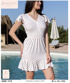 Heart Print Flutter-Sleeve Ruffle-Hem Nightdress