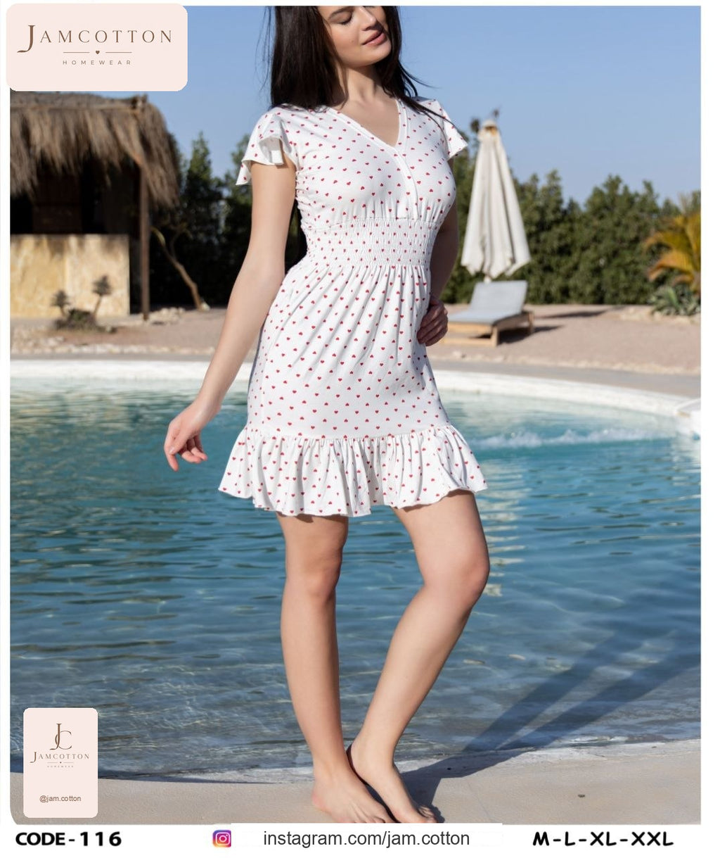 Heart Print Flutter-Sleeve Ruffle-Hem Nightdress