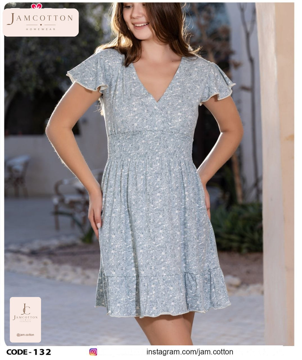 Floral Wrap-Front Flutter-Sleeve Nightdress