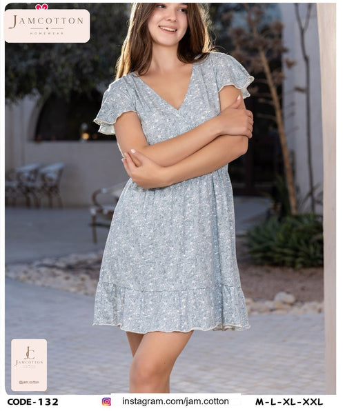 Floral Wrap-Front Flutter-Sleeve Nightdress