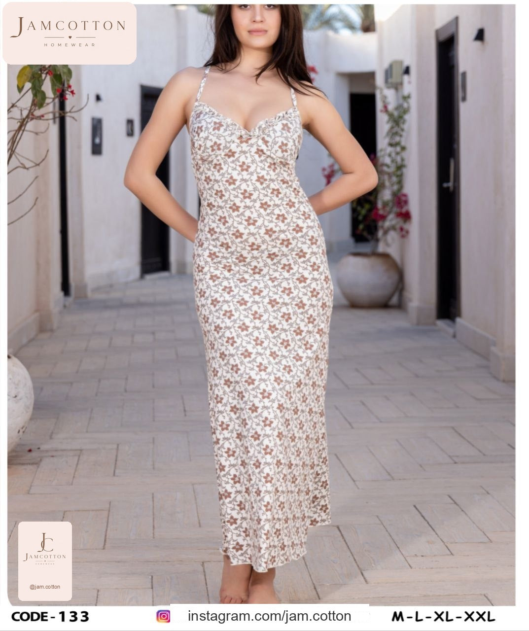 Brown Floral Vine Ruffle-Trim Maxi Nightdress