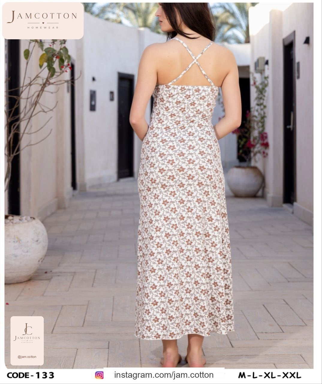 Brown Floral Vine Ruffle-Trim Maxi Nightdress