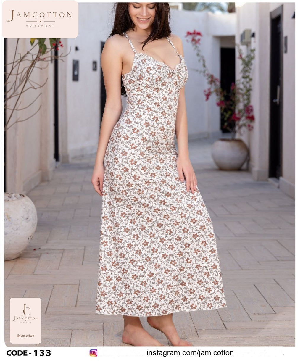 Brown Floral Vine Ruffle-Trim Maxi Nightdress