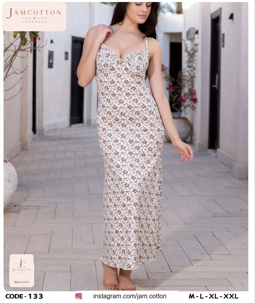 Brown Floral Vine Ruffle-Trim Maxi Nightdress