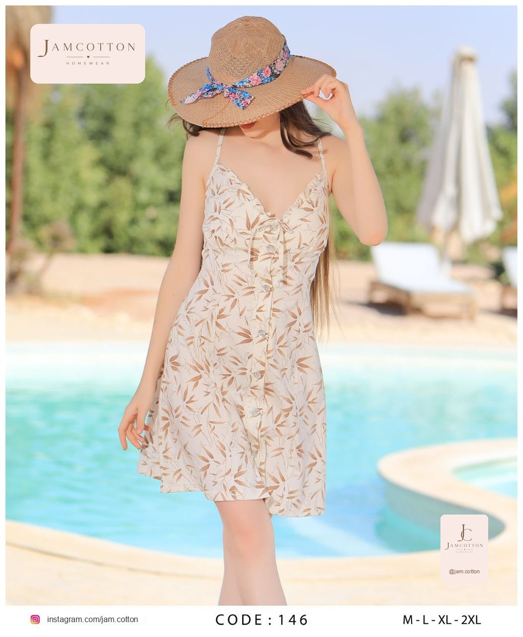 Leaf Print Button-Front Tie-Neck Short Nightdress