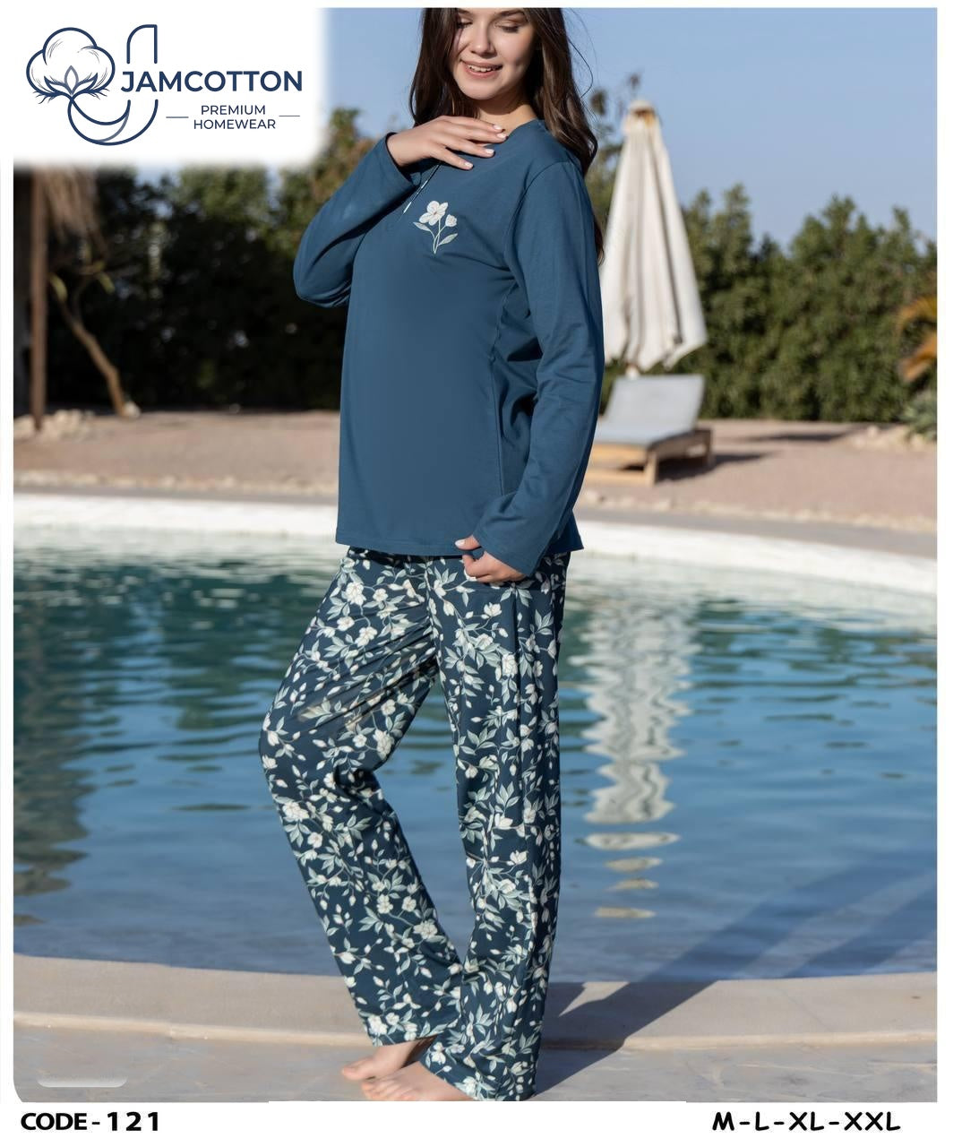 Blue Floral Cotton Pajama Set
